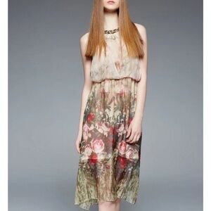 Queen Mulock Dress Floral Silk Chiffon Midi Sleeveless Size S Roses Romantic